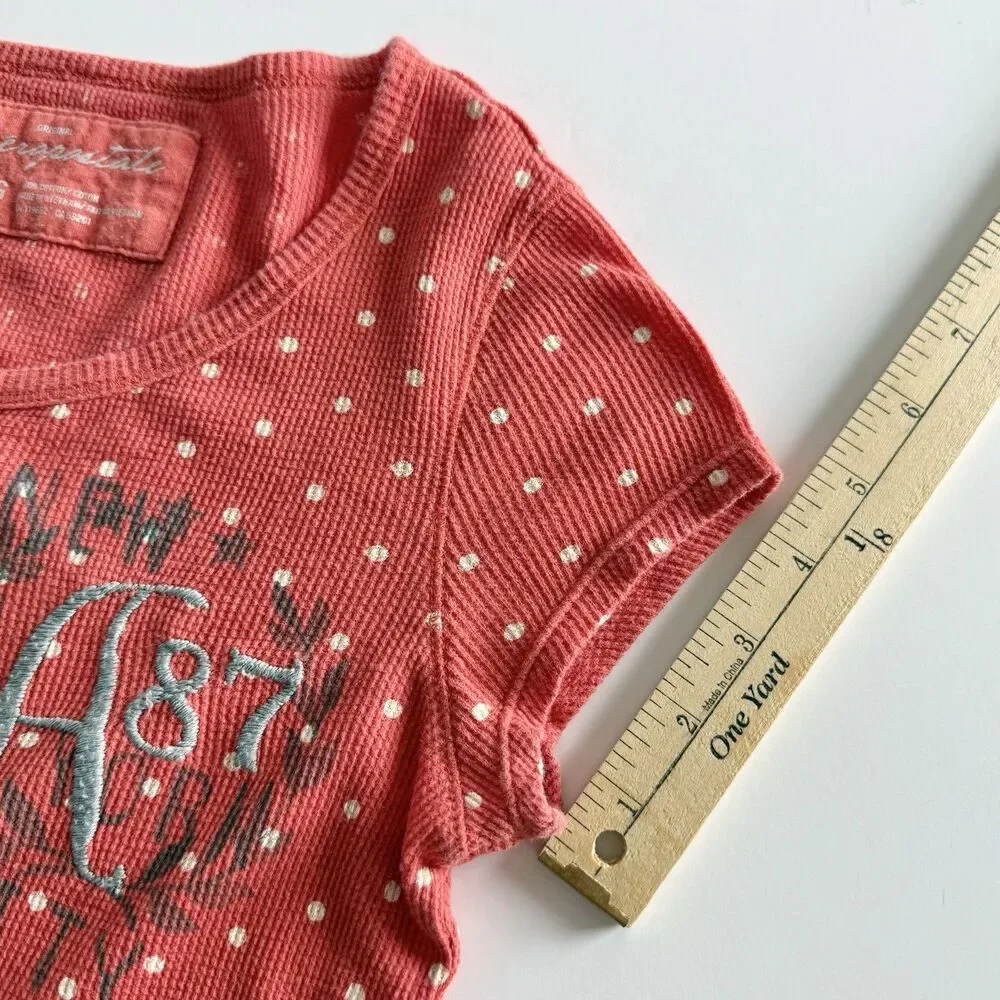 Aeropostale Girls L Orange Polka Dot Henley Waffle Weave Crew Shirt Embroidered